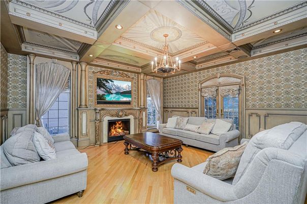Chandelier, Fireplace, Interior, Living room, Pendant Lights, Recessed Lighting, Wood Texture Flooring