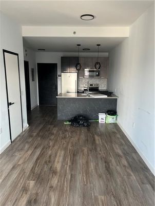 Interior, Kitchen, Marble Walls, Pendant Lights, Stainless Steel Appliances, Wood Texture Flooring