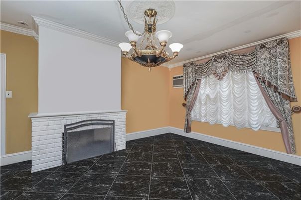 Chandelier, Empty room, Fireplace, Interior