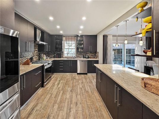Interior, Kitchen, Pendant Lights, Recessed Lighting, Stainless Steel Appliances, Wood Texture Flooring