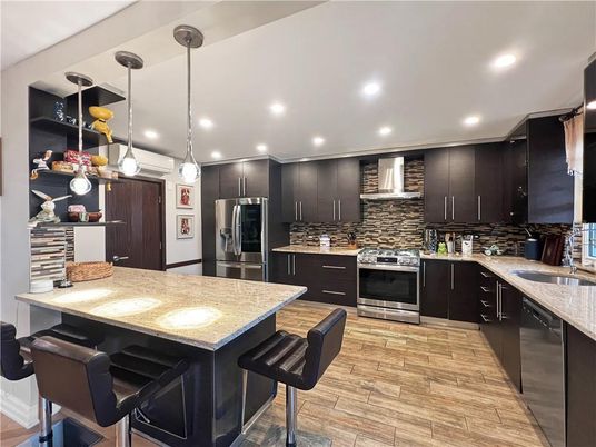 Interior, Kitchen, Pendant Lights, Recessed Lighting, Stainless Steel Appliances, Wood Texture Flooring