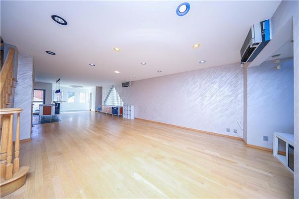 Empty room, Fireplace, Interior, Pendant Lights, Recessed Lighting, Wood Texture Flooring