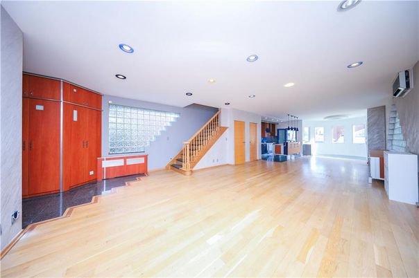 Empty room, Interior, Kitchen, Pendant Lights, Recessed Lighting, Wood Texture Flooring