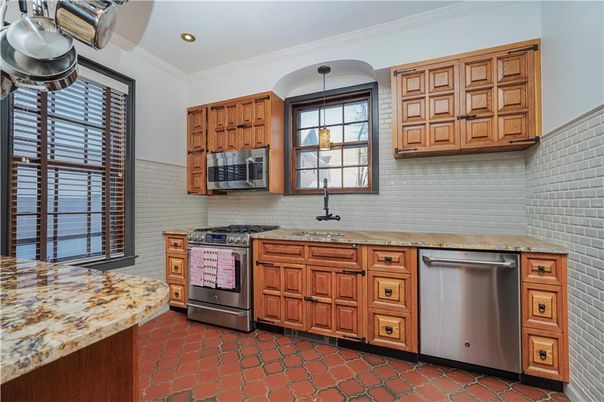Interior, Kitchen, Pendant Lights, Recessed Lighting, Stainless Steel Appliances, Stone Walls