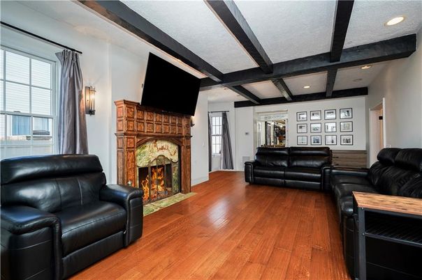 Fireplace, Interior, Living room, Recessed Lighting, Wooden Beams, Wood Texture Flooring