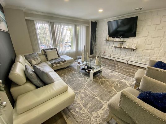 Interior, Living room, Recessed Lighting, Stone Walls, Wood Texture Flooring