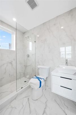 Bathroom, Glass Shower, Interior, Marble, Marble Walls, Recessed Lighting