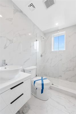 Bathroom, Glass Shower, Interior, Marble, Marble Walls, Recessed Lighting