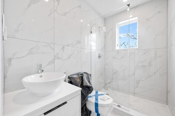 Bathroom, Glass Shower, Interior, Marble Walls, Recessed Lighting