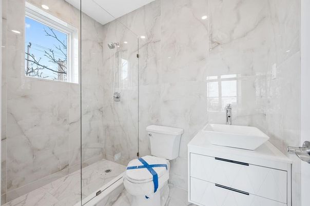 Bathroom, Glass Shower, Interior, Marble, Marble Walls, Recessed Lighting