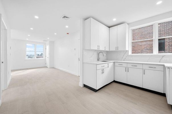 Interior, Kitchen, Marble Walls, Recessed Lighting, Wood Texture Flooring