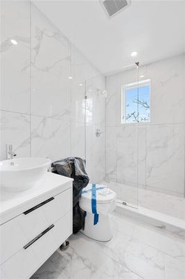 Bathroom, Glass Shower, Interior, Marble, Marble Walls, Recessed Lighting