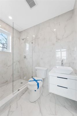 Bathroom, Free Standing Baths, Glass Shower, Interior, Marble, Marble Walls, Recessed Lighting