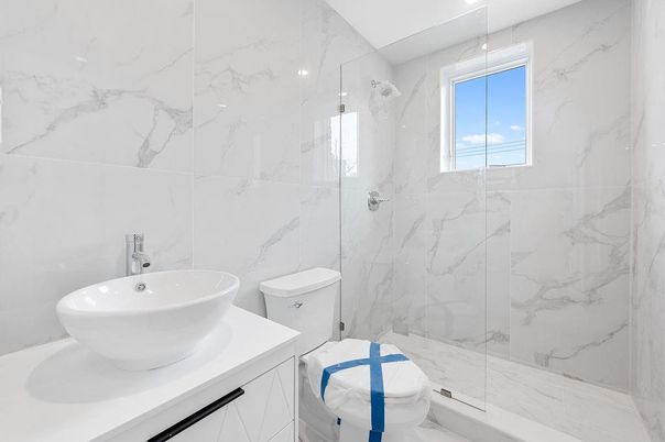 Bathroom, Glass Shower, Interior, Marble Walls, Recessed Lighting