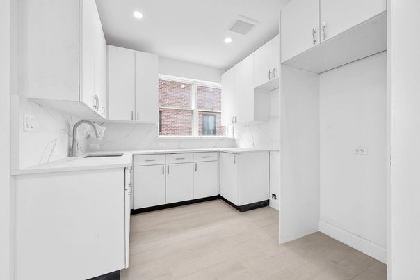Interior, Kitchen, Marble Walls, Recessed Lighting, Wood Texture Flooring
