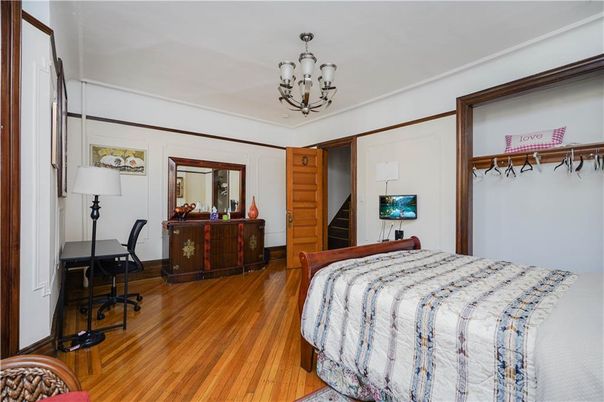 Bedroom, Chandelier, Home Office, Interior, Wood Texture Flooring