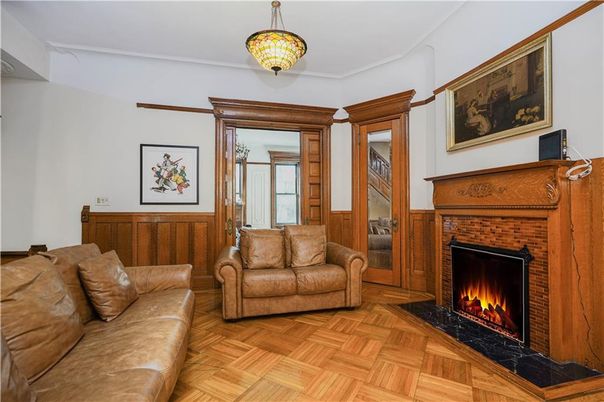 Fireplace, Interior, Living room, Pendant Lights, Wood Texture Flooring
