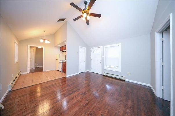 Chandelier, Empty room, Interior, Kitchen, Recessed Lighting, Wood Texture Flooring