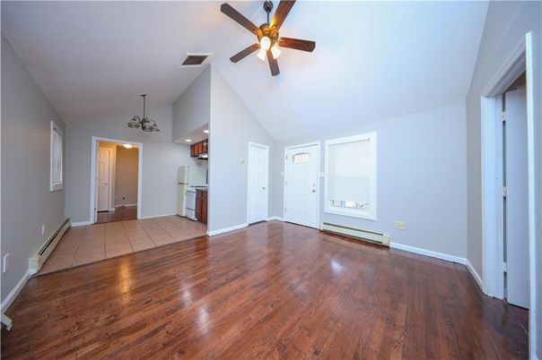 Empty room, Interior, Kitchen, Pendant Lights, Recessed Lighting, Wood Texture Flooring