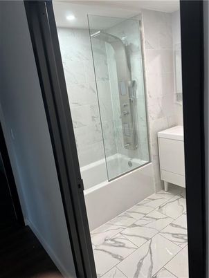Bathroom, Glass Shower, Interior, Marble, Marble Walls, Recessed Lighting