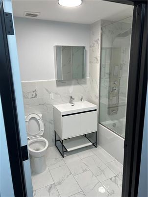 Bathroom, Glass Shower, Interior, Marble, Marble Walls, Recessed Lighting