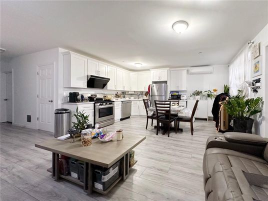 Dining room, Interior, Kitchen, Living room, Stainless Steel Appliances, Wood Texture Flooring