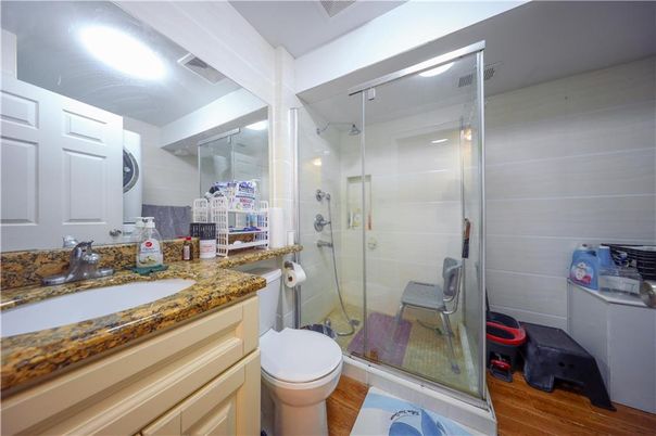 Bathroom, Glass Shower, Interior, Wood Texture Flooring