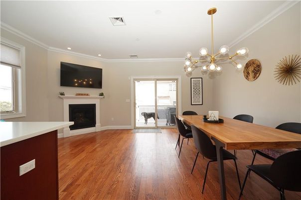 Dining room, Fireplace, Interior, Pendant Lights, Recessed Lighting, Wood Texture Flooring