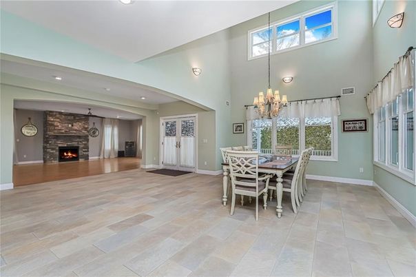 Chandelier, Dining room, Fireplace, Interior, Recessed Lighting