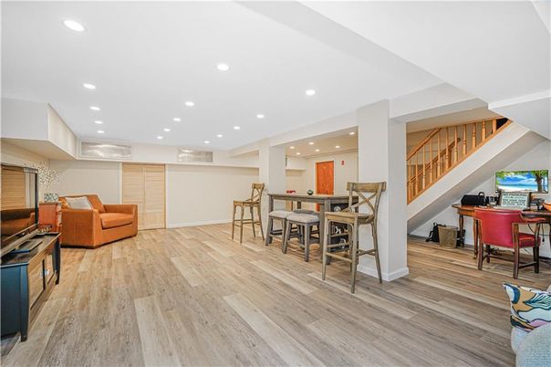 Dining room, Interior, Living room, Recessed Lighting, Wood Texture Flooring