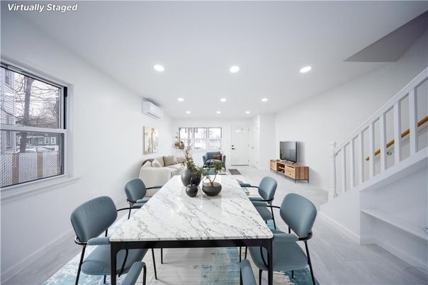 Dining room, Interior, Living room, Recessed Lighting, Wood Texture Flooring