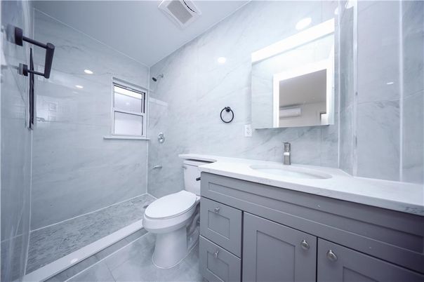 Bathroom, Glass Shower, Interior, Marble Walls, Recessed Lighting