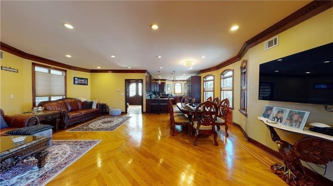 Chandelier, Dining room, Interior, Living room, Pendant Lights, Recessed Lighting, Wood Texture Flooring