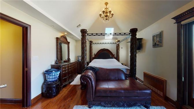 Bedroom, Chandelier, Interior, Recessed Lighting, Wood Texture Flooring