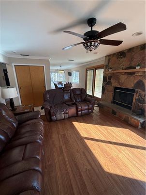 Dining room, Fireplace, Interior, Living room, Stone Walls, Wood Texture Flooring
