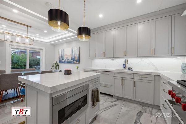 Interior, Kitchen, Marble, Pendant Lights, Recessed Lighting, Stainless Steel Appliances