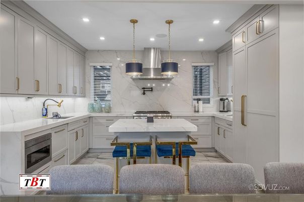 Interior, Kitchen, Marble Walls, Pendant Lights, Recessed Lighting, Stainless Steel Appliances