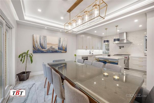 Dining room, Interior, Kitchen, Marble, Marble Walls, Pendant Lights, Recessed Lighting, Stainless Steel Appliances