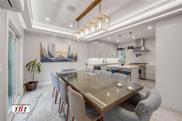 Dining room, Interior, Kitchen, Marble, Pendant Lights, Recessed Lighting, Stainless Steel Appliances