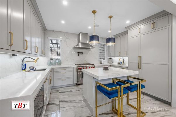 Interior, Kitchen, Marble, Marble Walls, Pendant Lights, Recessed Lighting, Stainless Steel Appliances
