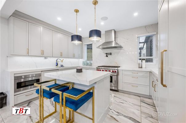 Interior, Kitchen, Marble, Marble Walls, Pendant Lights, Recessed Lighting, Stainless Steel Appliances