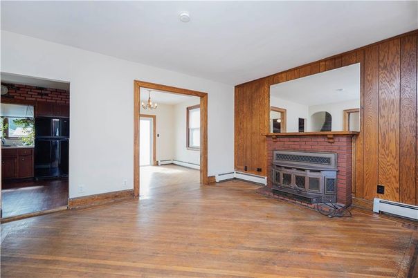 Chandelier, Empty room, Fireplace, Interior, Wood Texture Flooring, Wooden Walls
