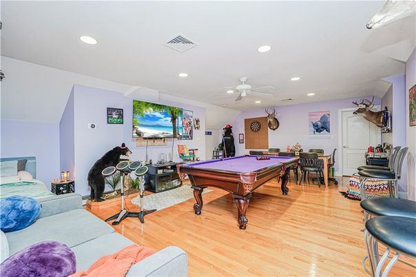 Billiard Table, Game Room, Interior, Recessed Lighting, Wood Texture Flooring