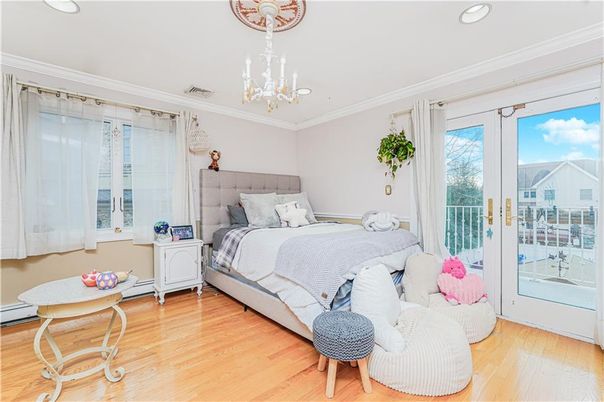 Bedroom, Chandelier, Interior, Recessed Lighting, Wood Texture Flooring