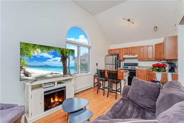 Fireplace, Interior, Kitchen, Living room, Water, Wood Texture Flooring