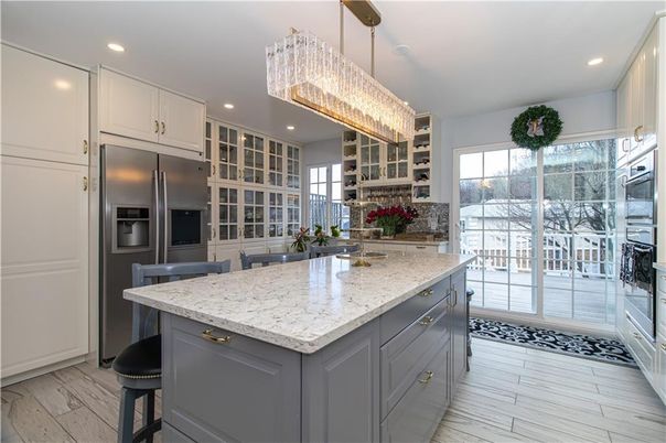 Chandelier, Interior, Kitchen, Recessed Lighting, Stainless Steel Appliances, Wood Texture Flooring