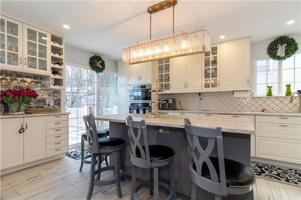 Chandelier, Interior, Kitchen, Recessed Lighting, Stainless Steel Appliances, Wood Texture Flooring