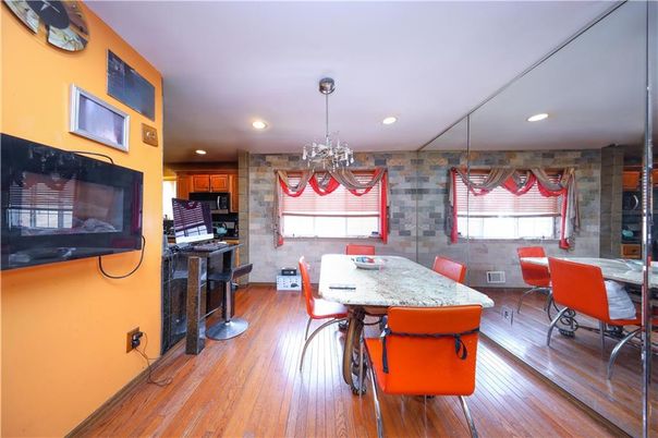 Chandelier, Dining room, Interior, Kitchen, Recessed Lighting, Stone Walls, Wood Texture Flooring