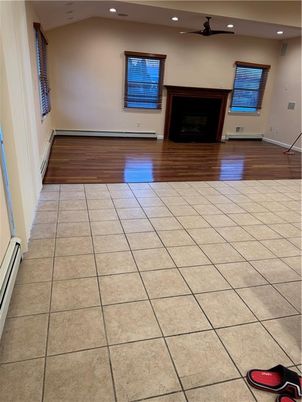 Empty room, Fireplace, Interior, Recessed Lighting, Wood Texture Flooring