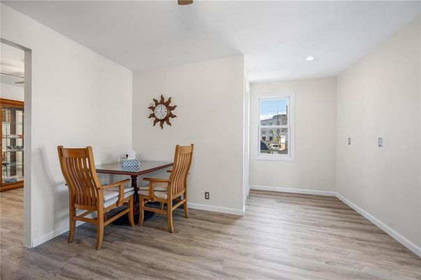 Dining room, Interior, Recessed Lighting, Wood Texture Flooring
